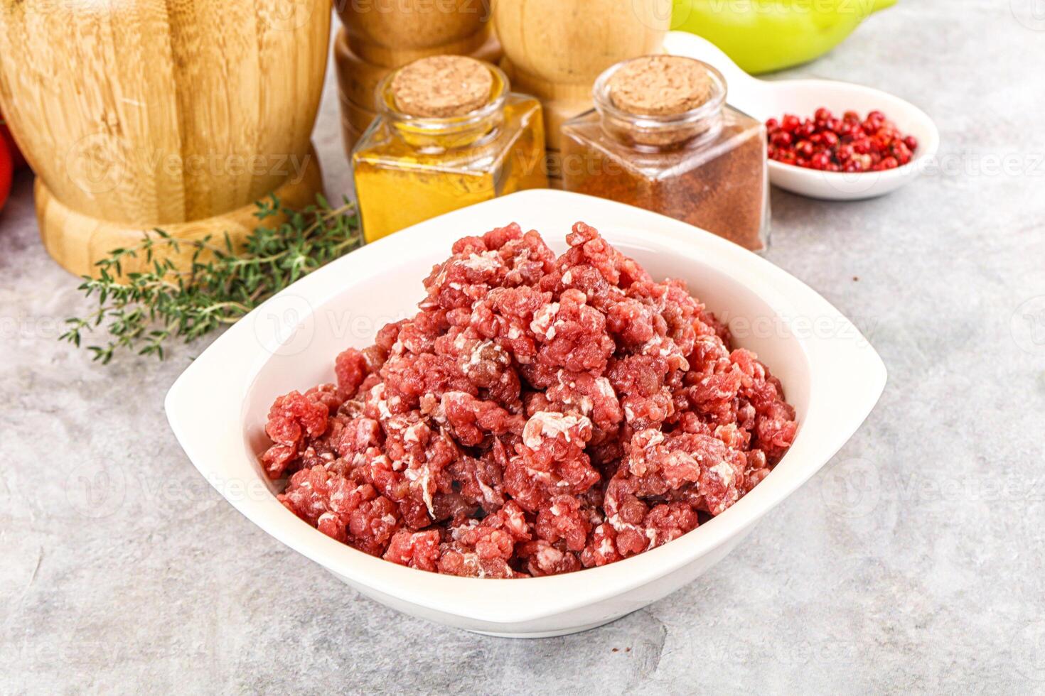 Raw beef minced meat for cooking photo