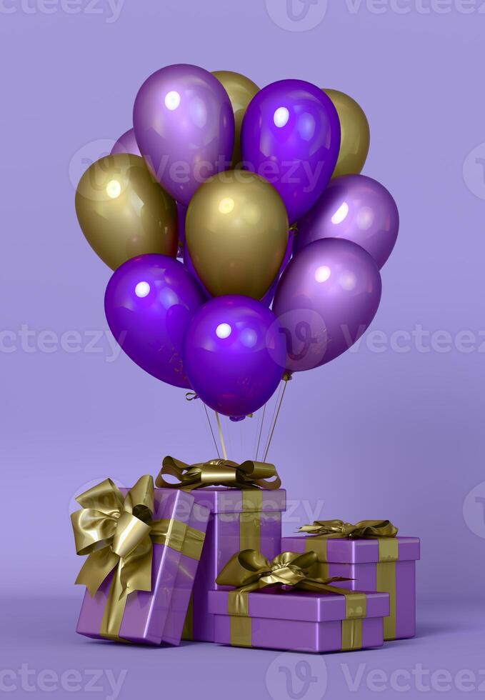 Colored gift box with ribbon and balloon on background. photo