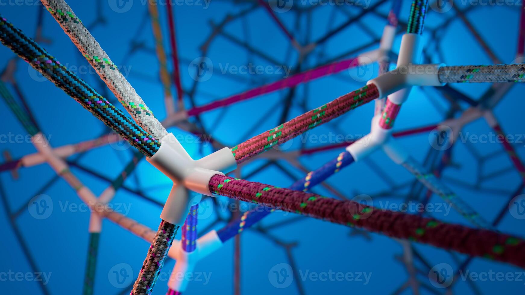 Interwoven Connections. A Colorful Tapestry of Ropes Against a Blue Gradient photo