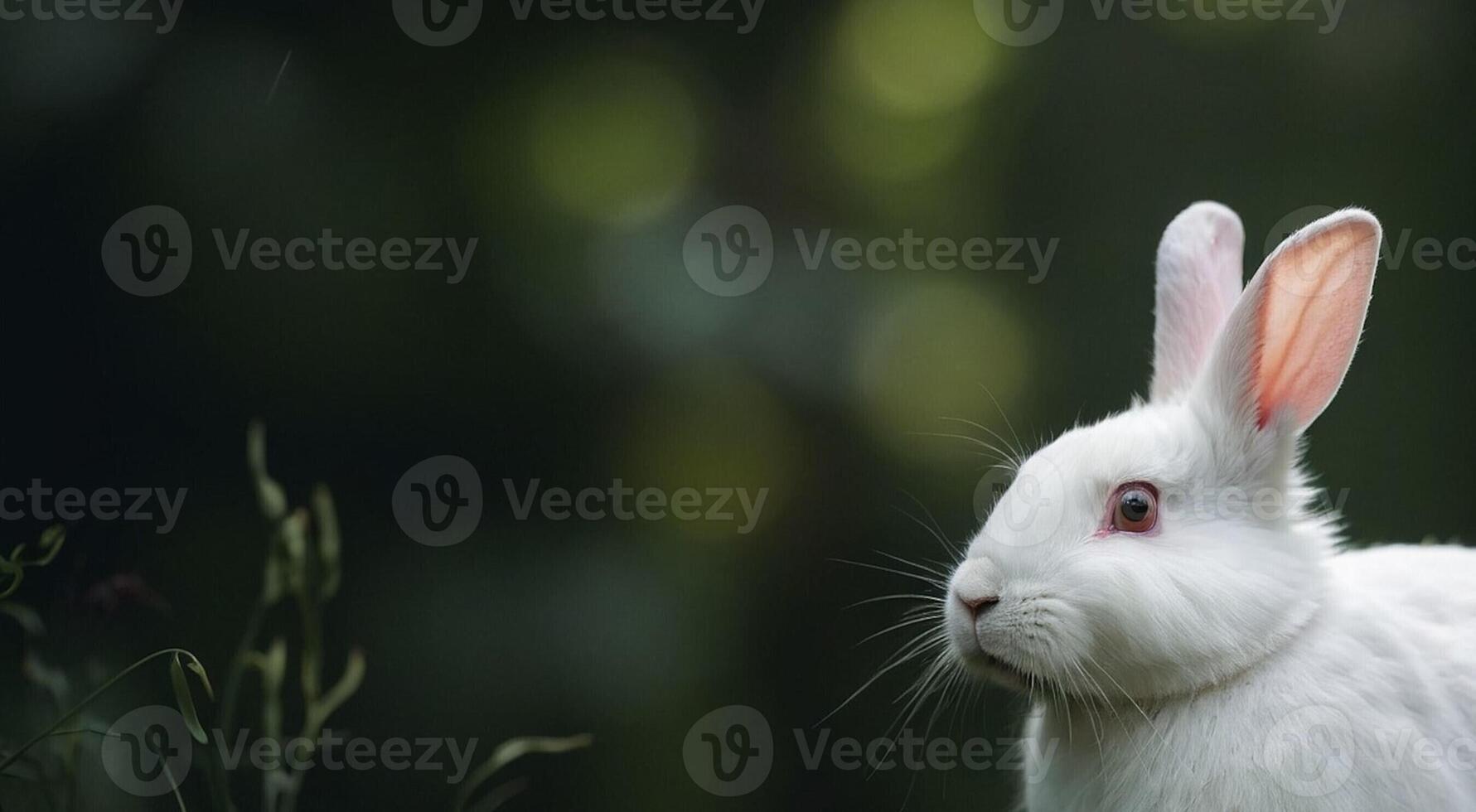 A white rabbit with red eyes sitting in the grass photo