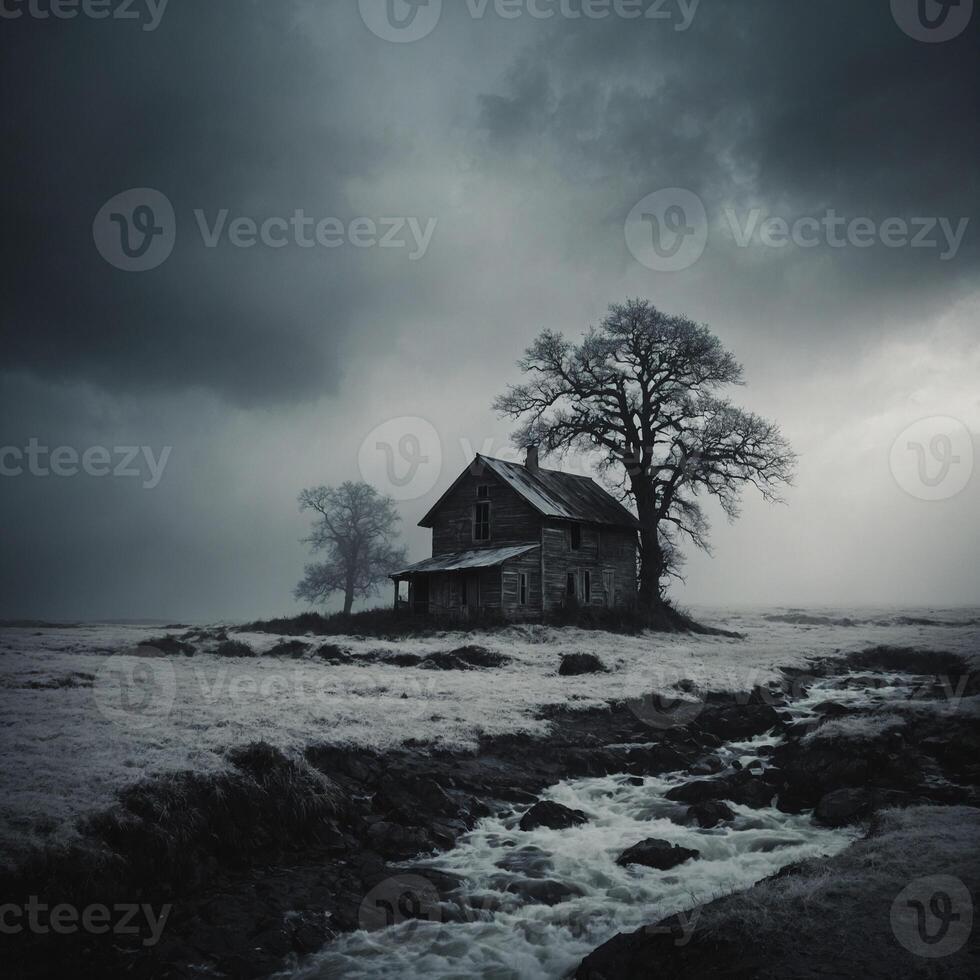 An old house sits on a hill in the middle of a field photo