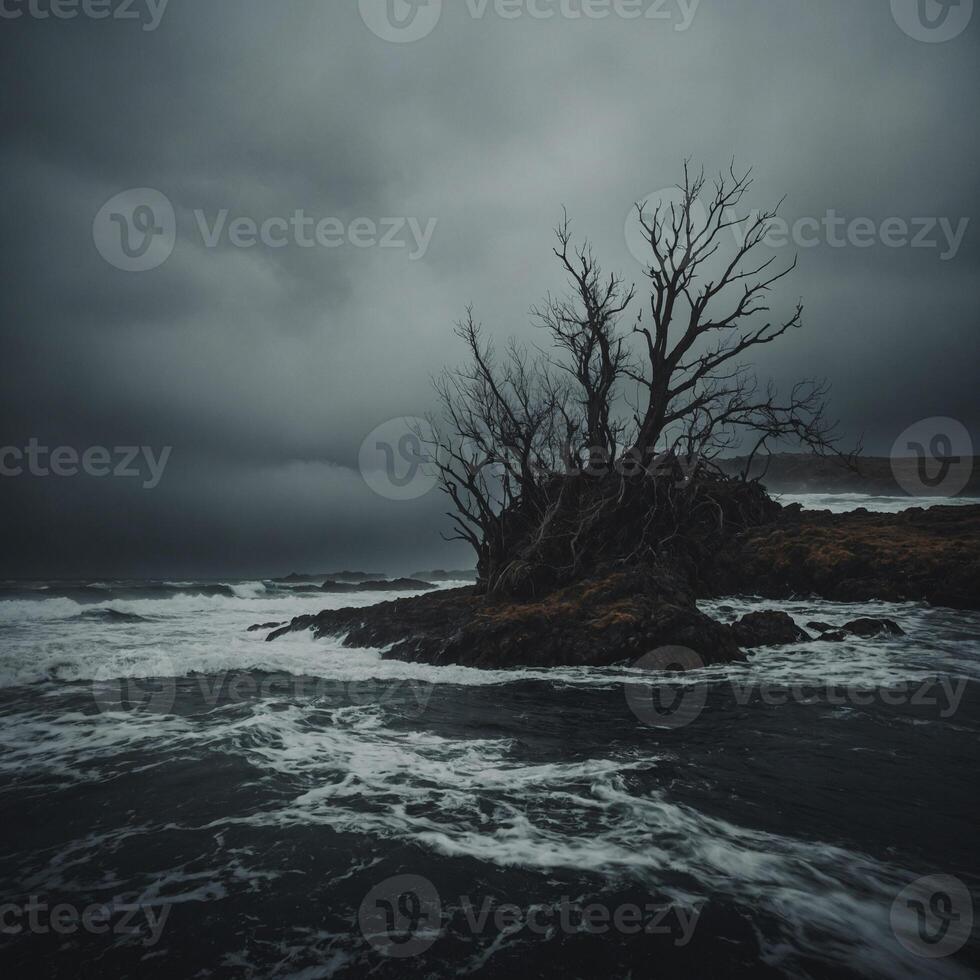 A lone tree on a rocky shore under a stormy sky photo