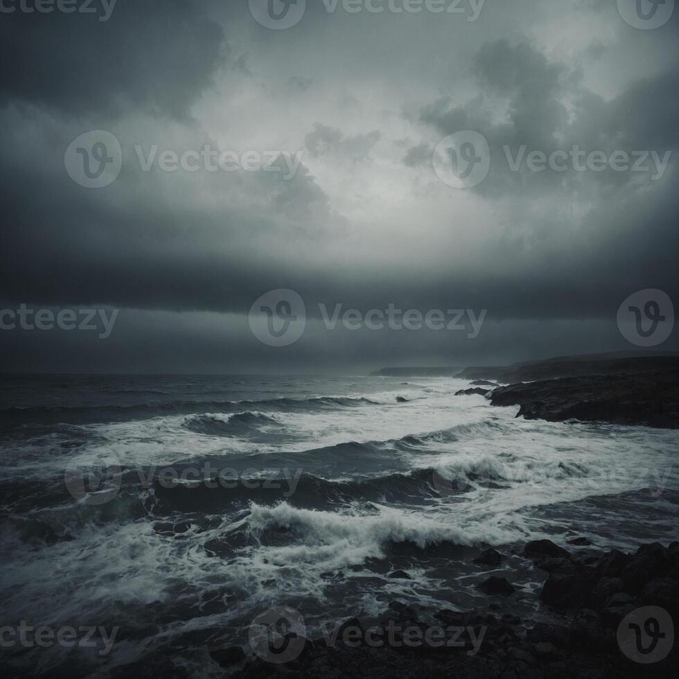 Stormy sea with dark clouds and waves photo
