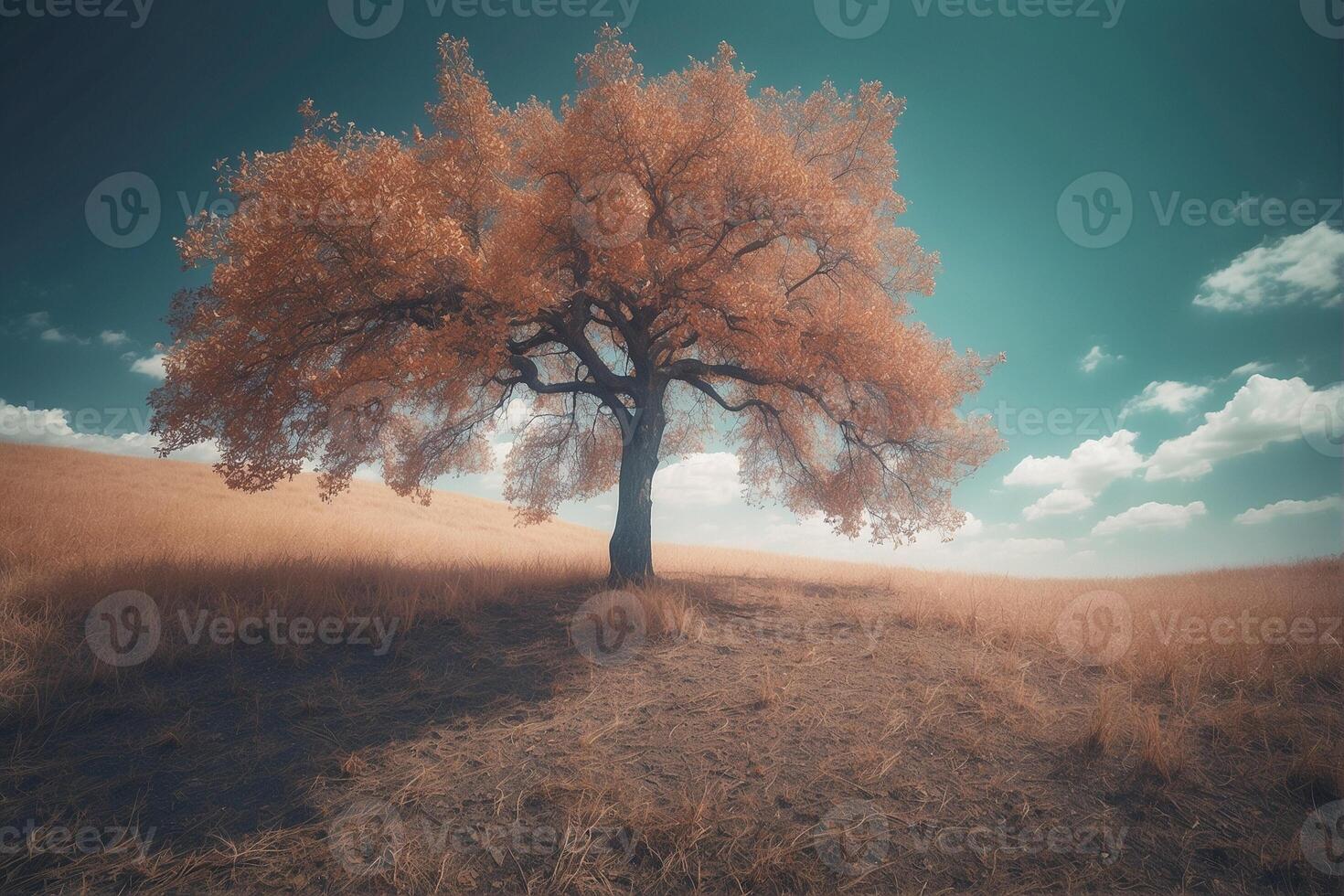 An orange tree in a field with a blue sky photo