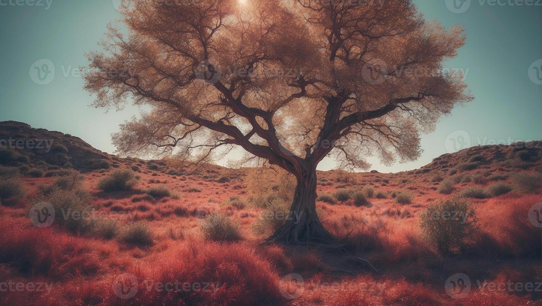 A red tree stands in the middle of a desert photo
