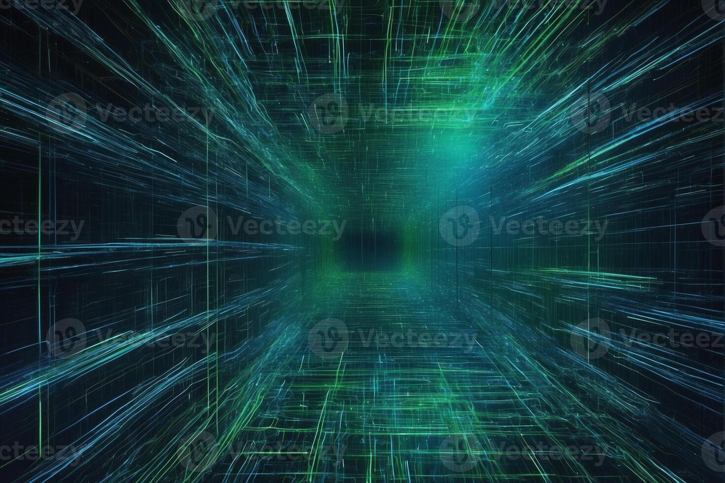 Abstract tunnel with green lines and blue lights photo