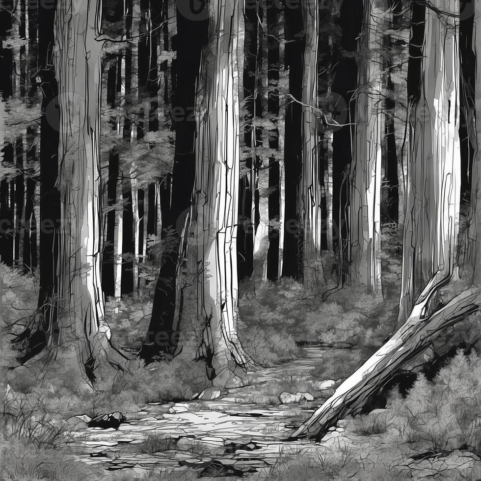 A black and white drawing of a forest photo