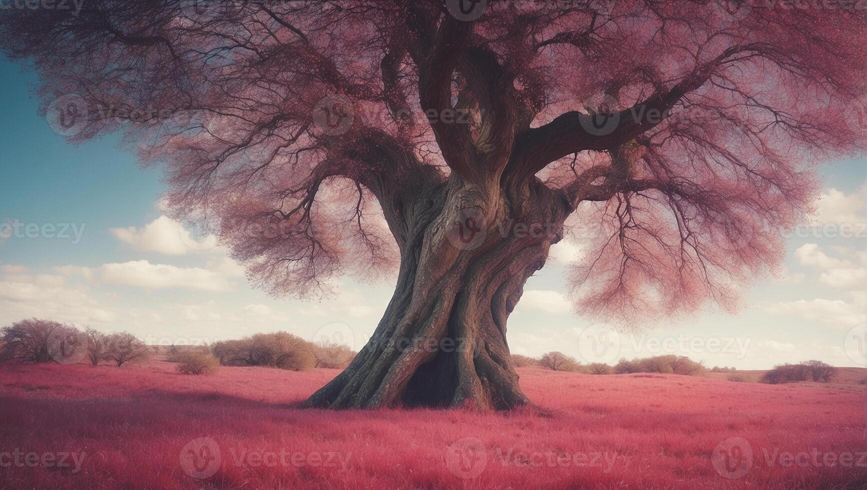 A pink tree in a field with a blue sky photo