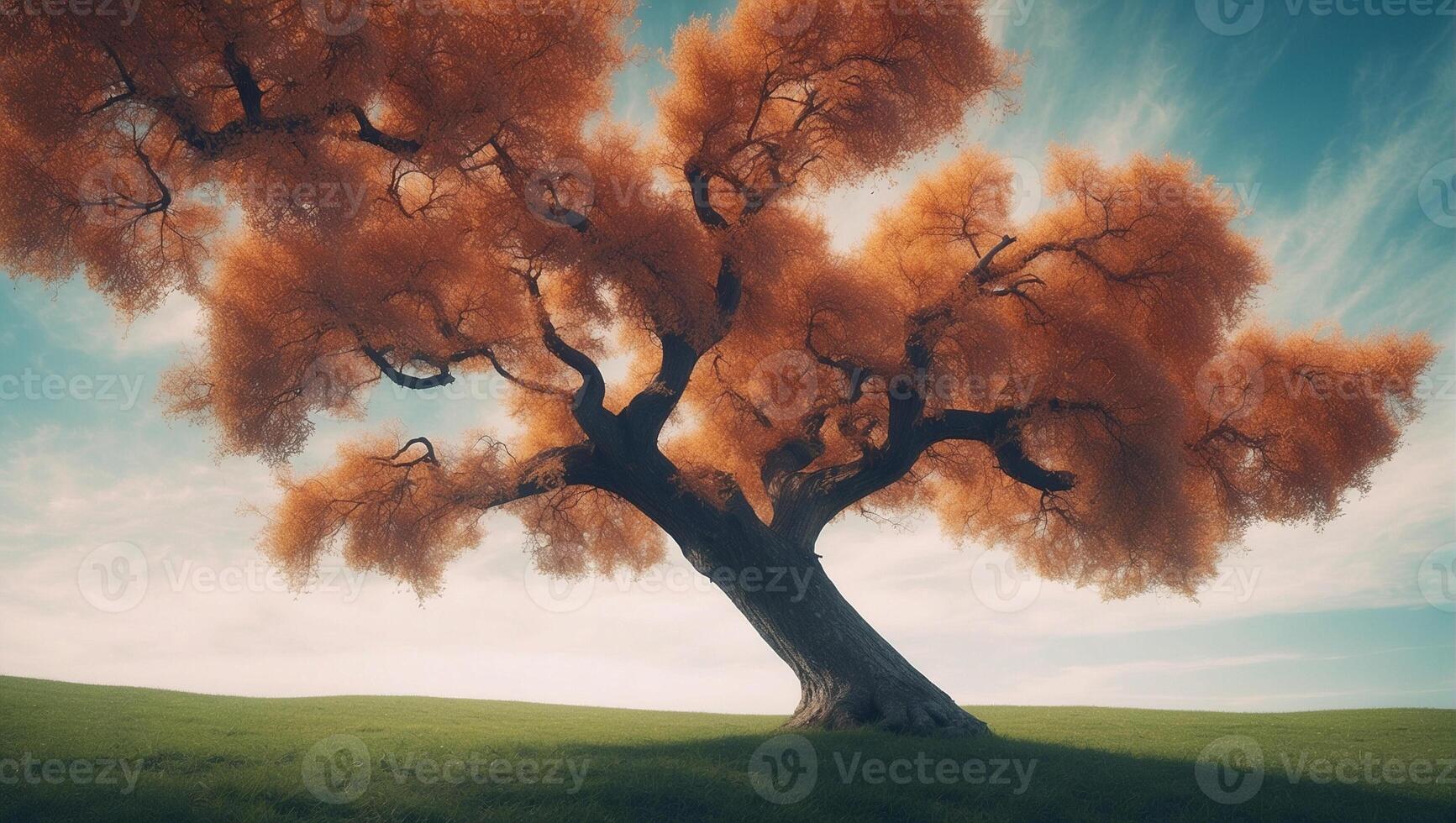A tree with orange leaves on it in a field photo