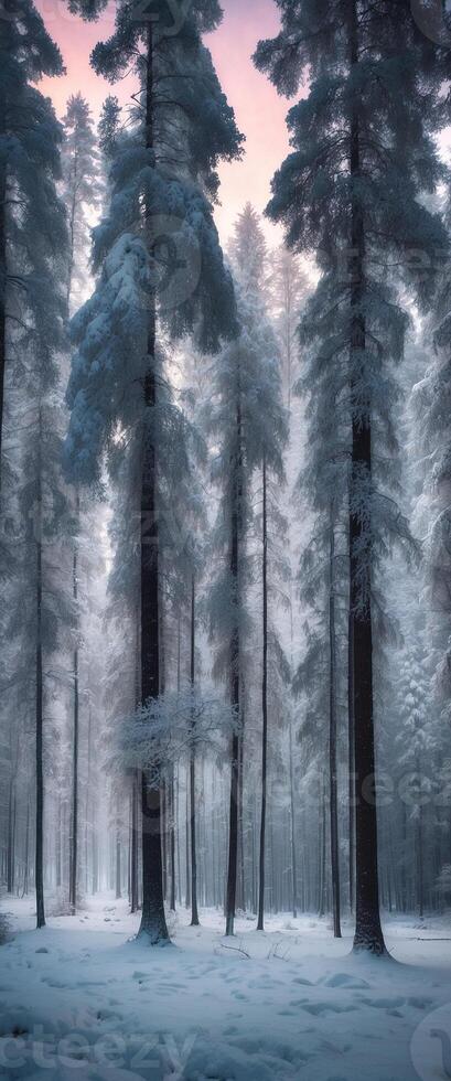 Frosty forest at sunrise photo