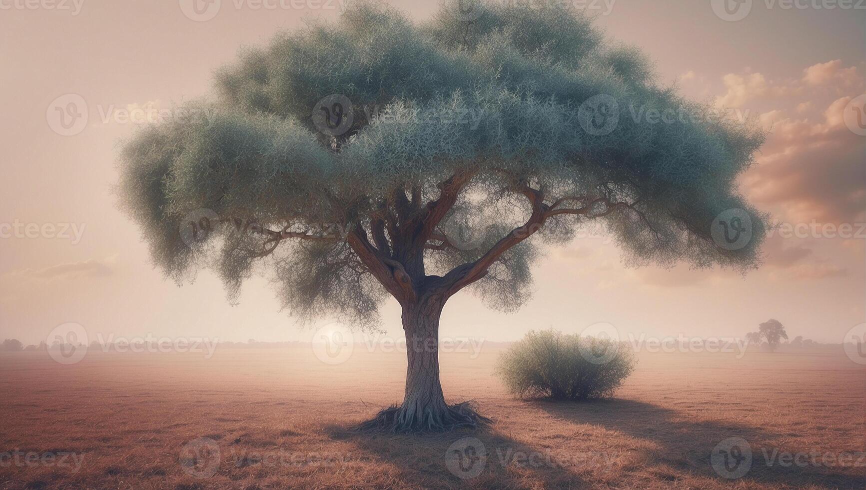 A tree stands alone in a field with fog photo
