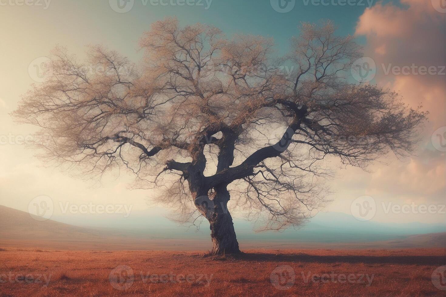 A lone tree stands in the middle of a field photo