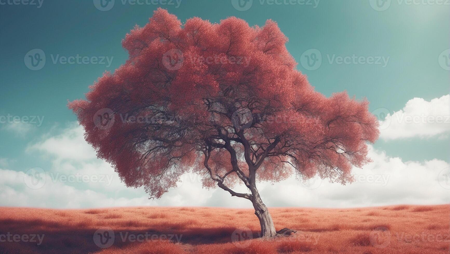 A red tree in a field with a blue sky photo