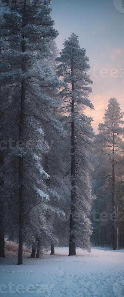 A snowy forest with trees and sun setting photo