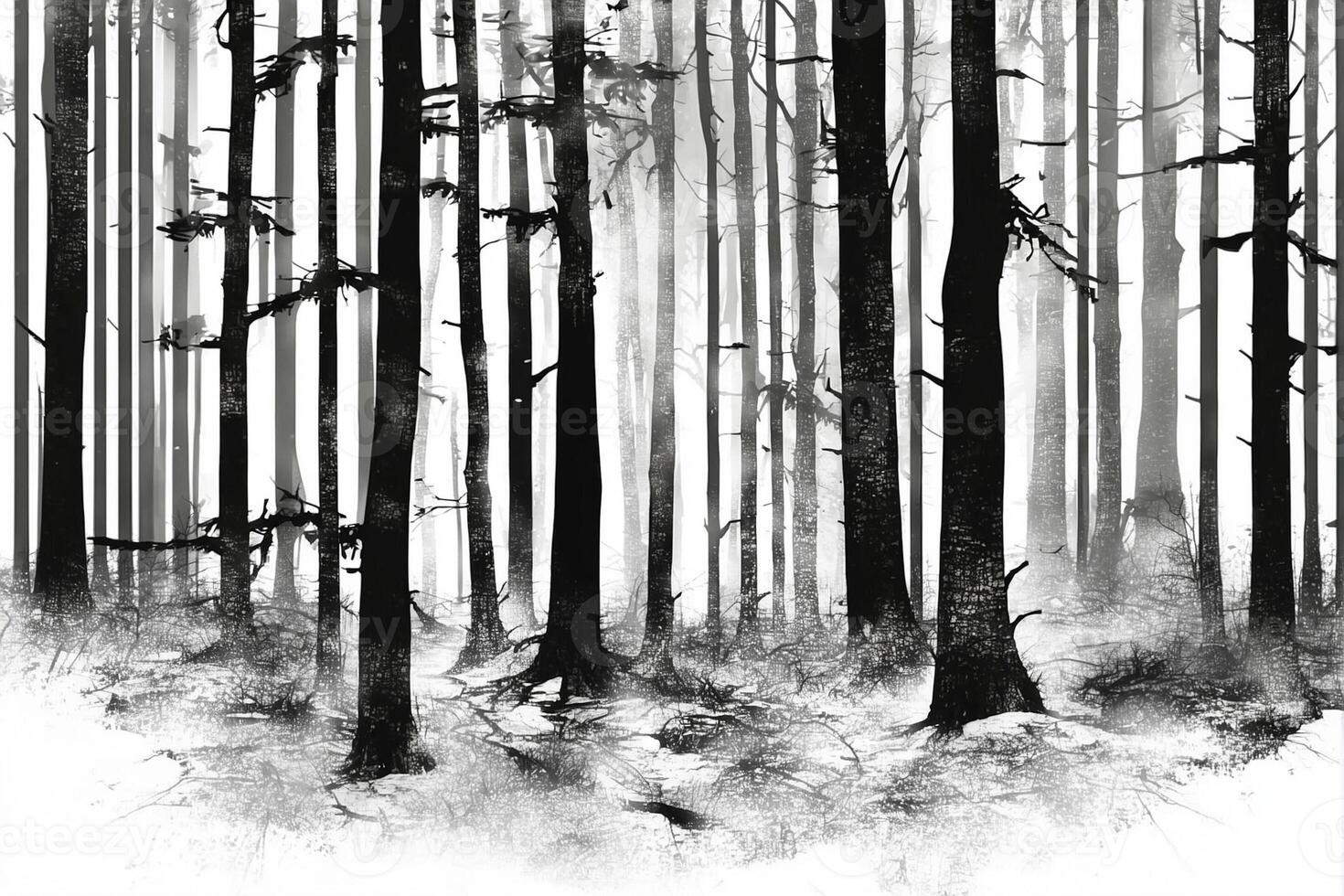 Black and white drawing of trees in the forest photo