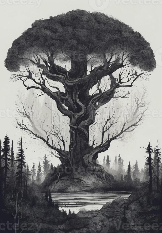 A black and white drawing of a tree in the forest photo