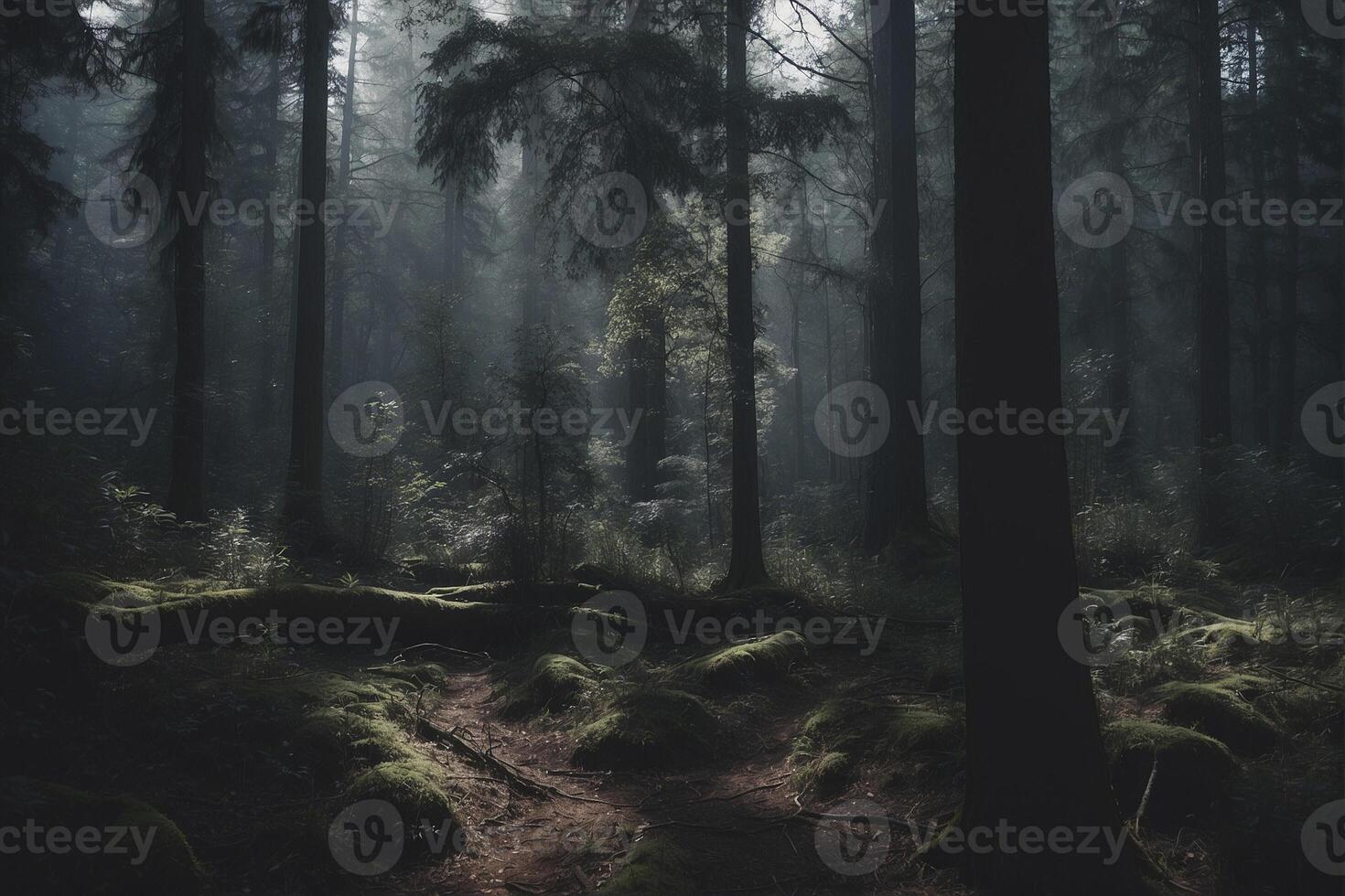 A dark forest with trees and moss photo