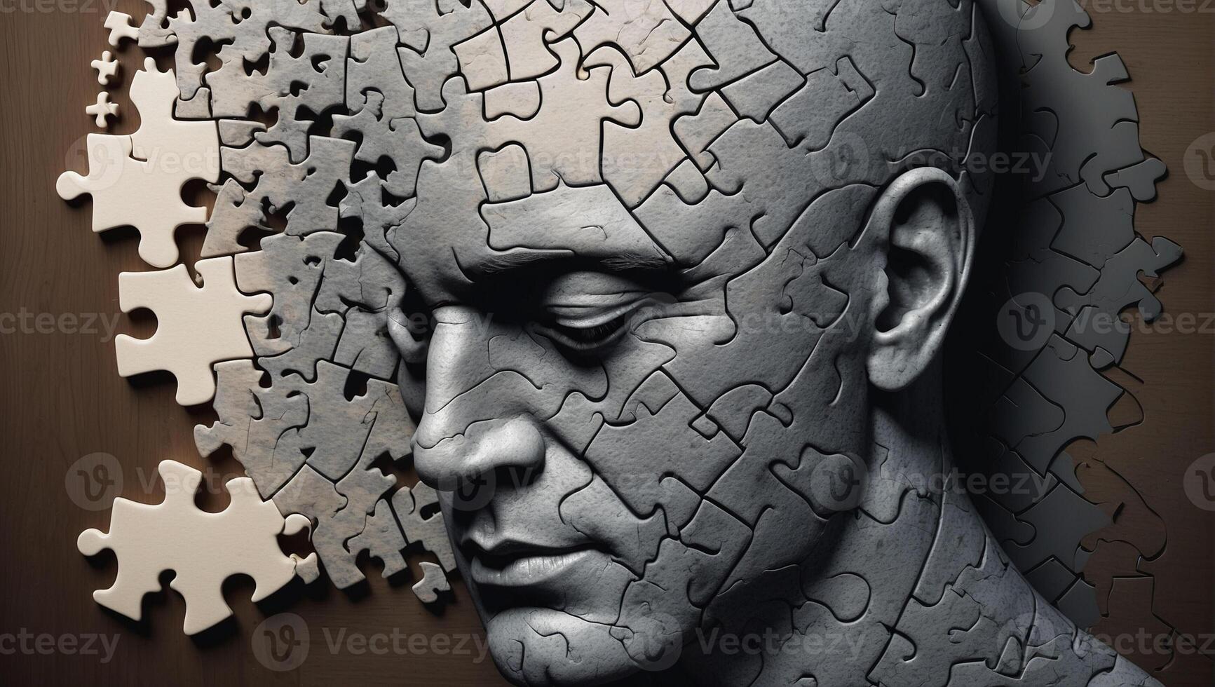 A man's head is surrounded by puzzle pieces photo