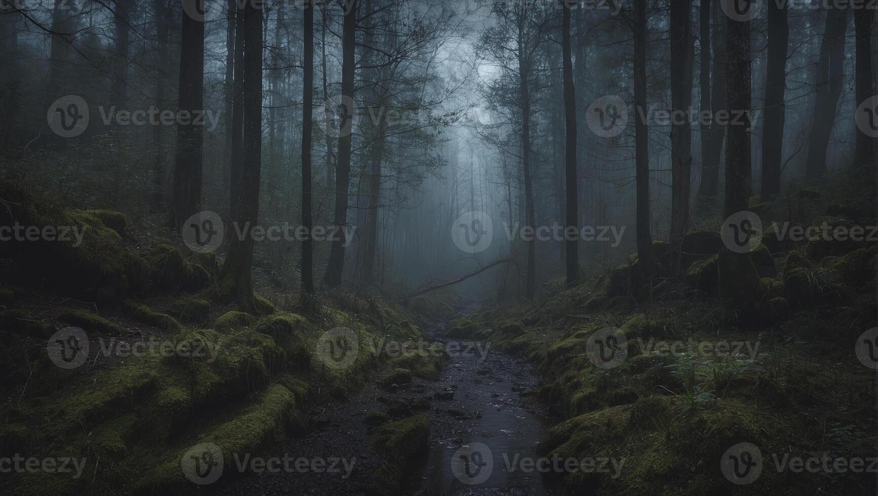 A dark forest with trees and water photo