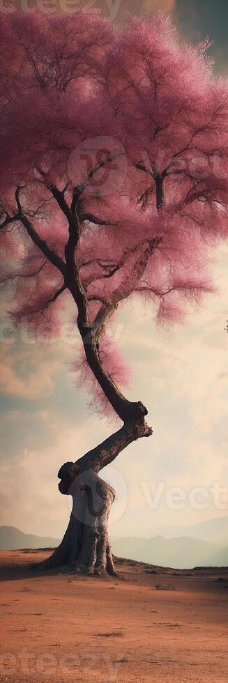 A pink tree in the desert with a bird flying above it photo