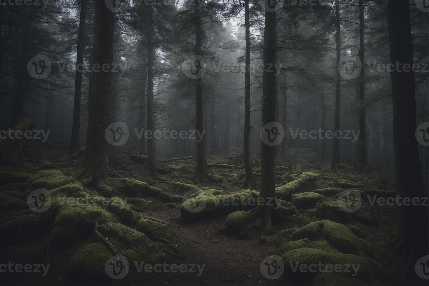 A dark forest with mossy trees and trees photo