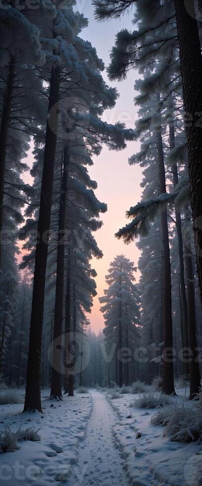 A path through the snow covered forest at sunset photo