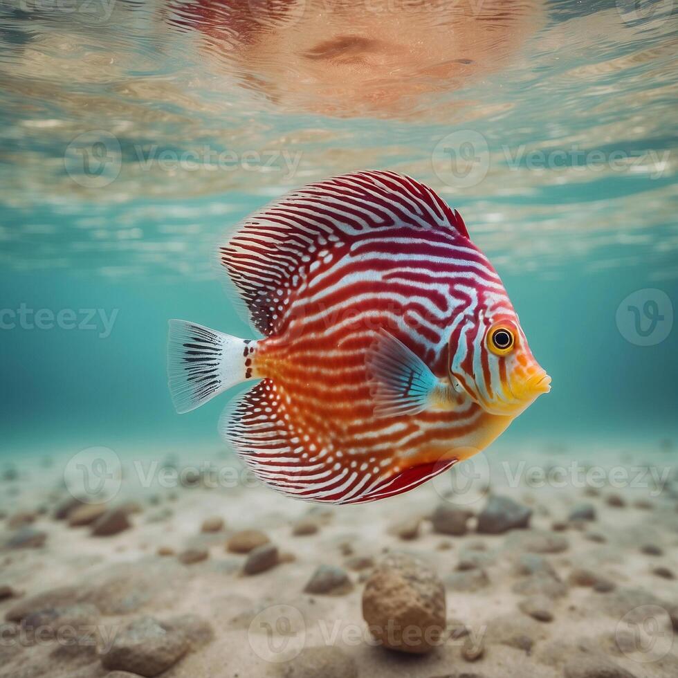A red and white discus fish swimming in the ocean photo
