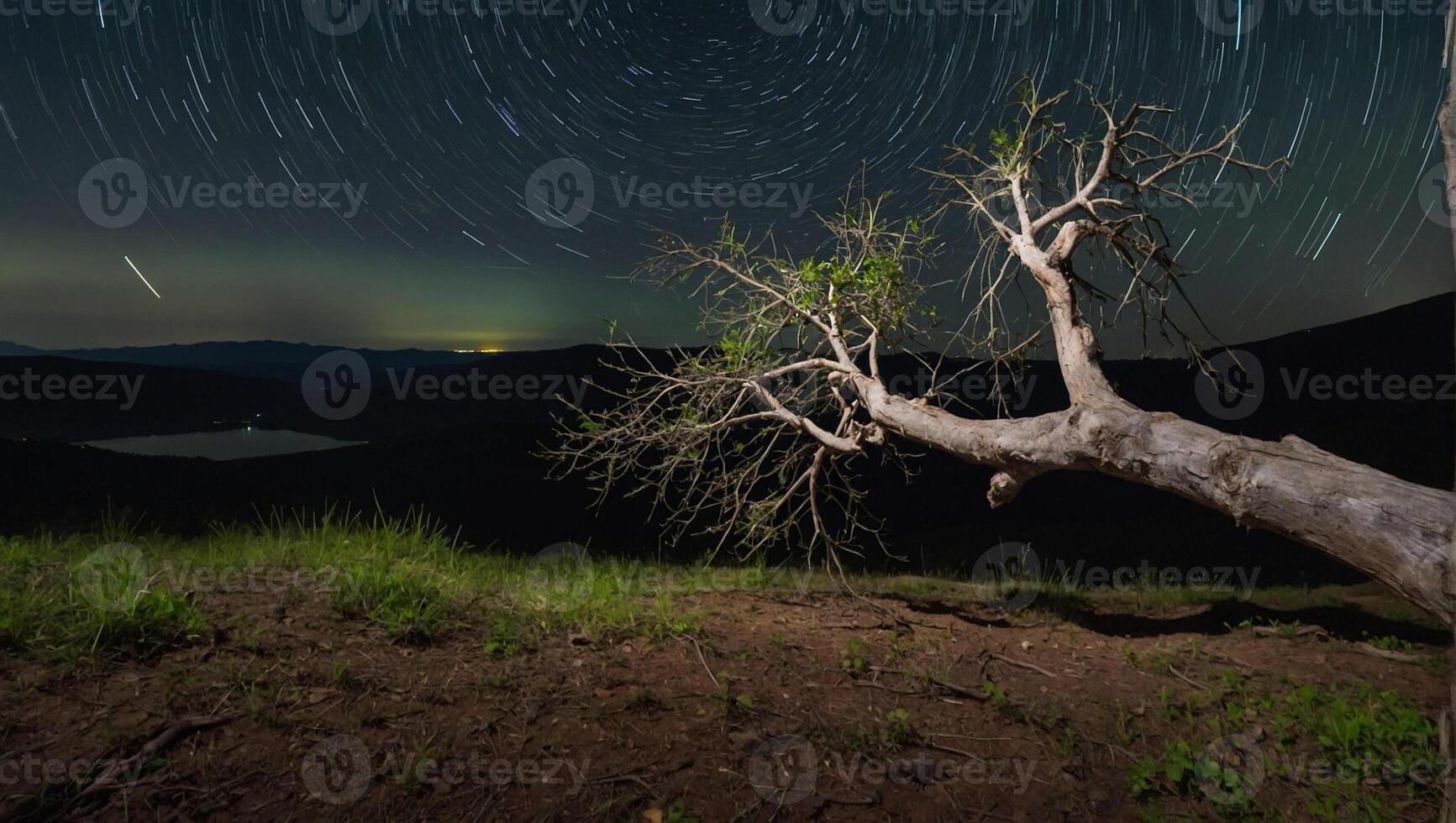 A tree with a star trail in the sky photo