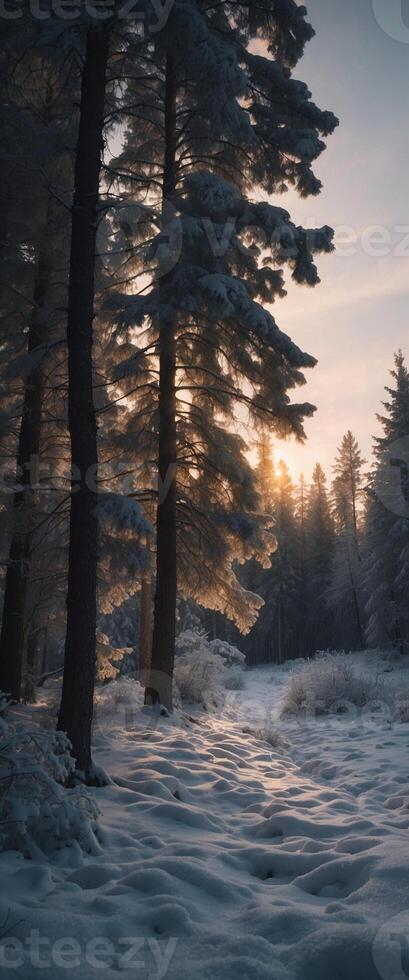 A snowy forest with trees and sun shining photo