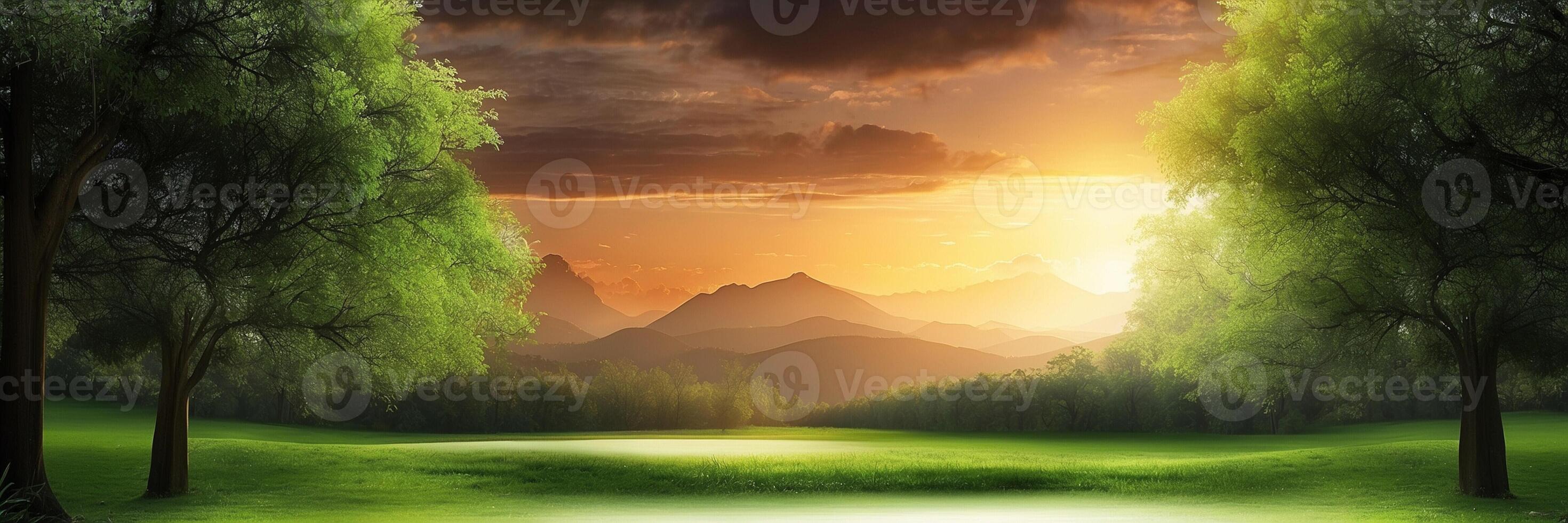 A beautiful sunset over a green field photo