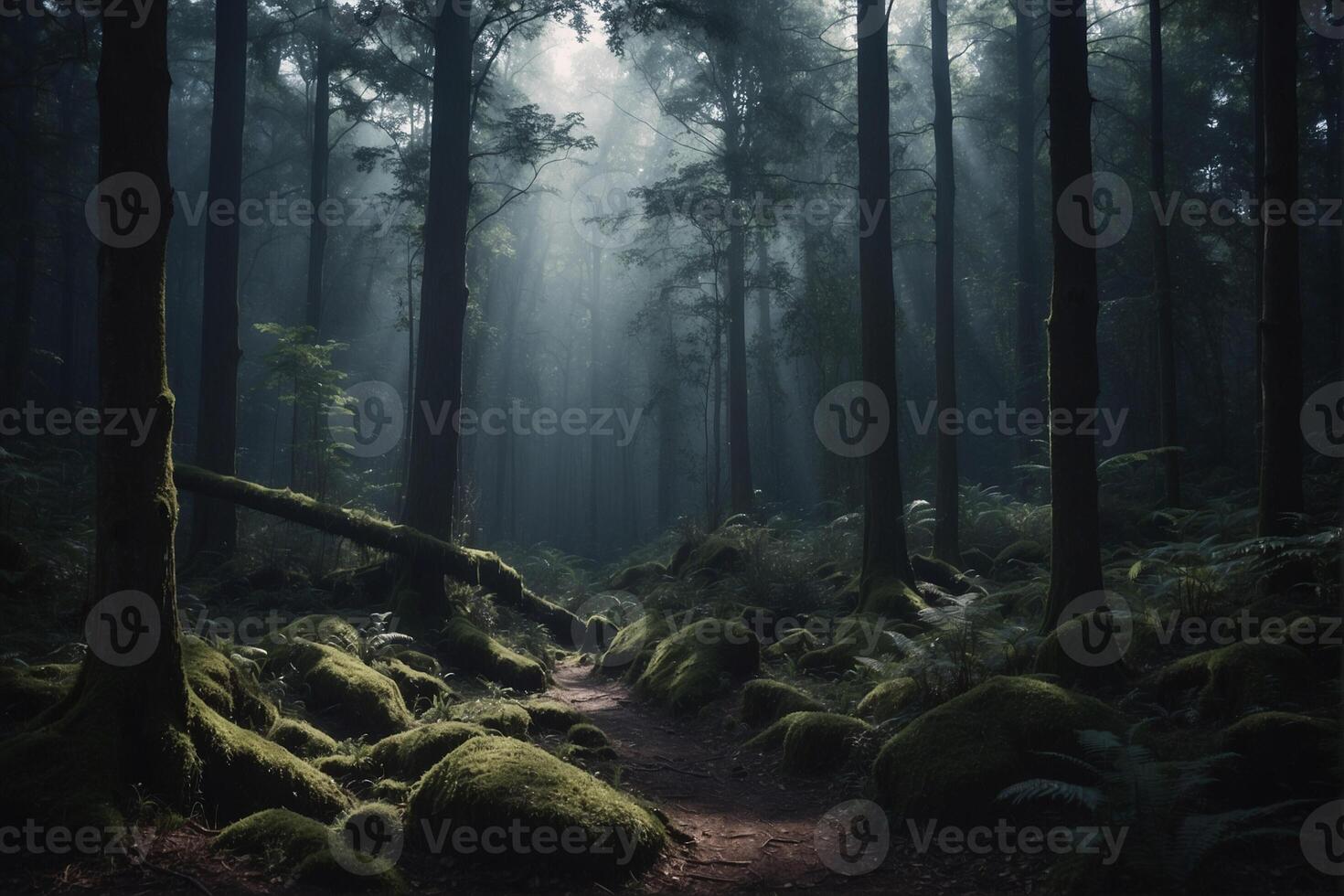 A path through a forest with mossy trees photo