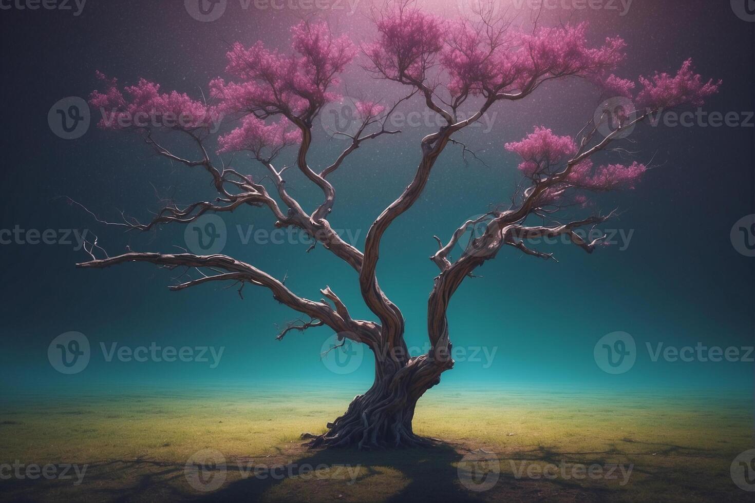 A tree with pink flowers in the middle of a field photo