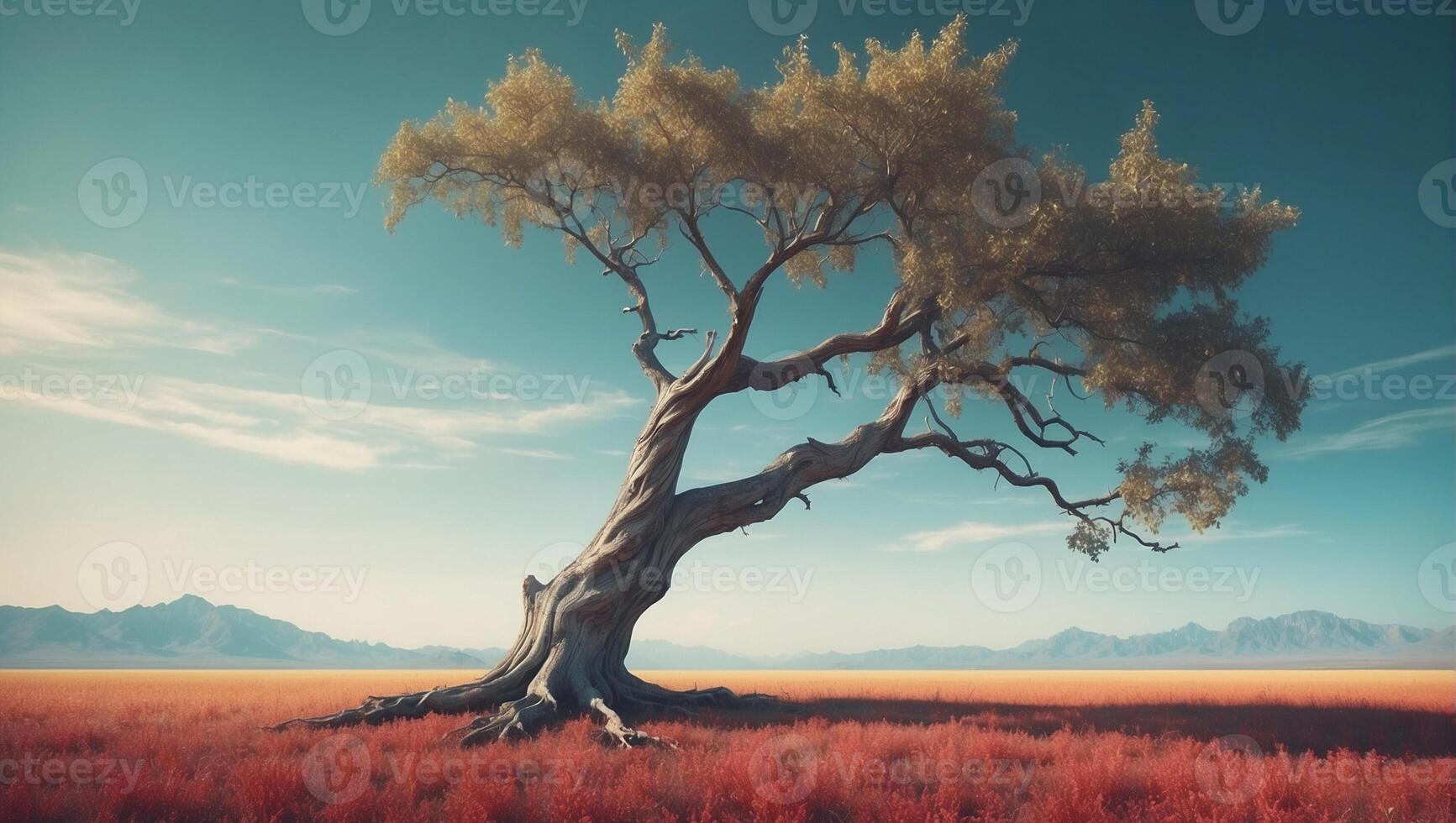 A tree in the middle of a red field photo