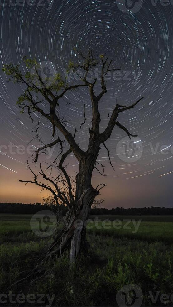 A tree with star trails in the sky photo