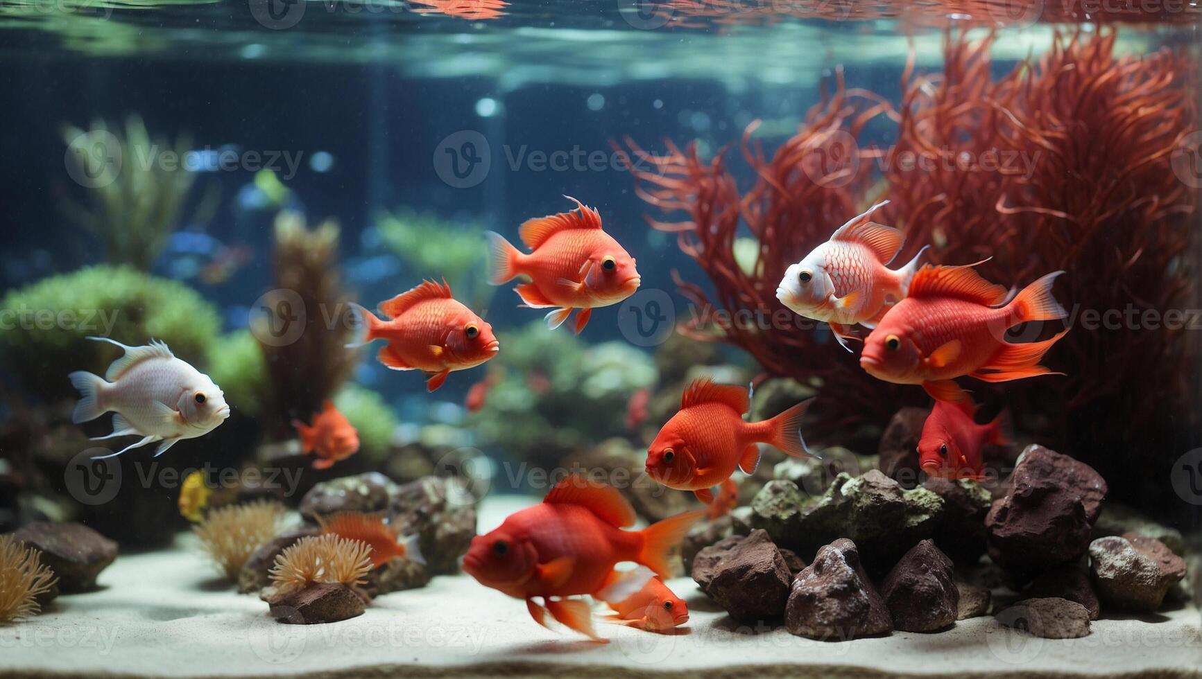 A group of red and white fish in an aquarium photo