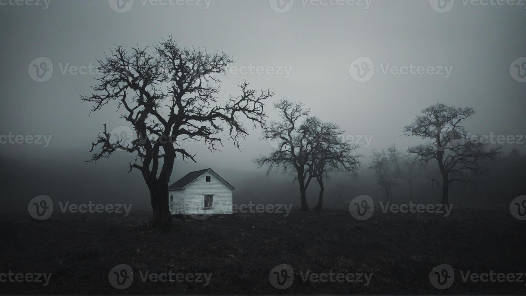 A house in the fog with bare trees photo