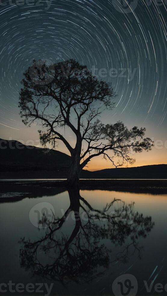 Star trails over a tree in the middle of a lake photo