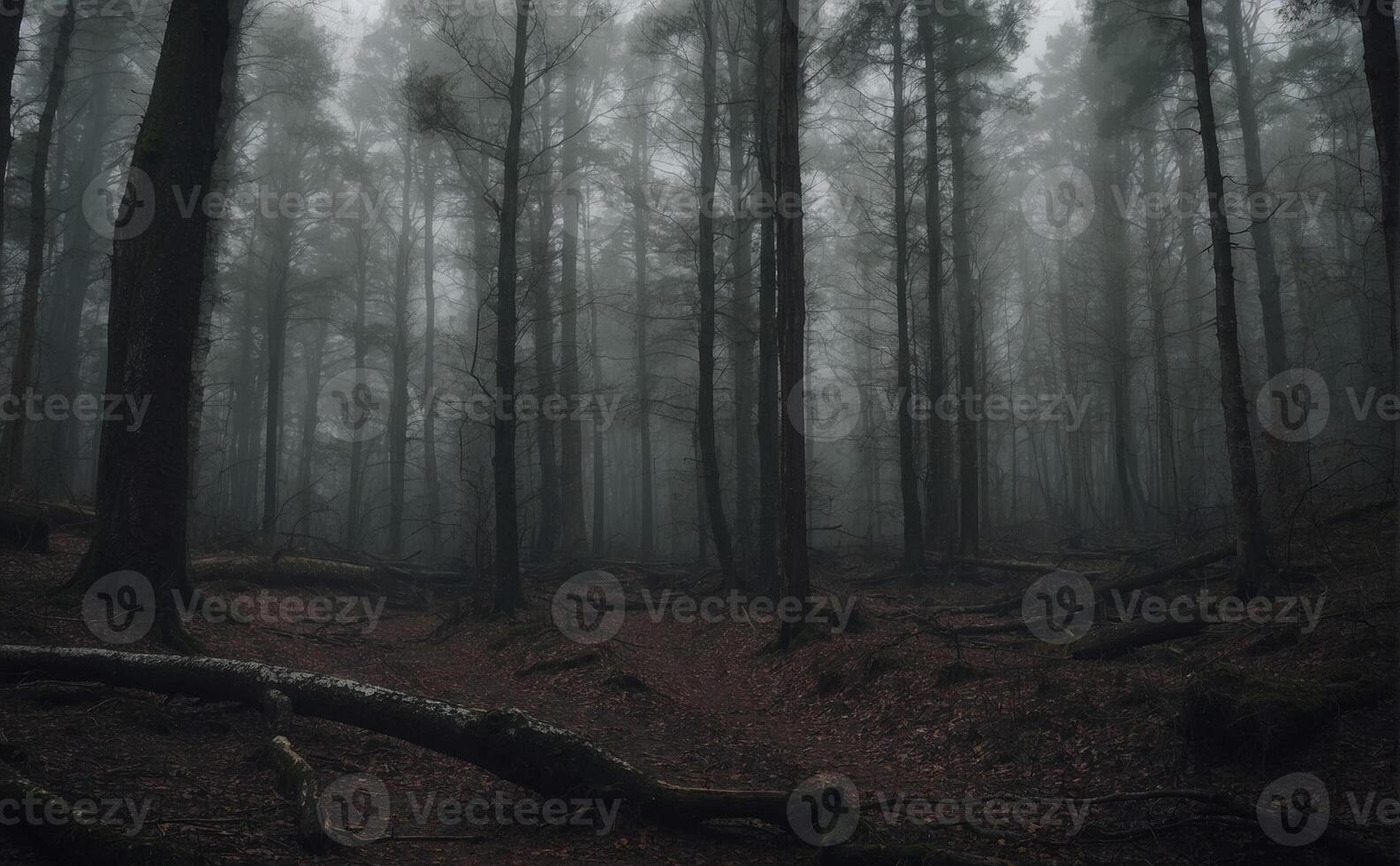 A dark forest with trees and fallen trees photo