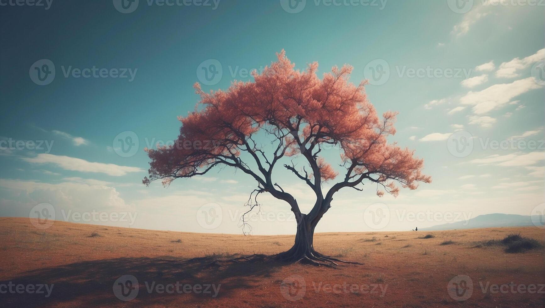 A lone tree in a desert with a blue sky photo