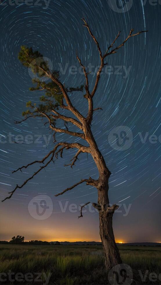 A lone tree stands in the middle of a field at night photo