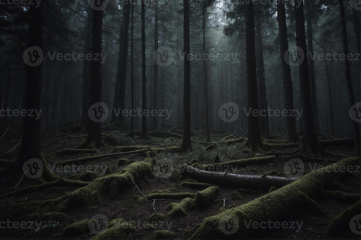 A dark forest with trees and moss photo