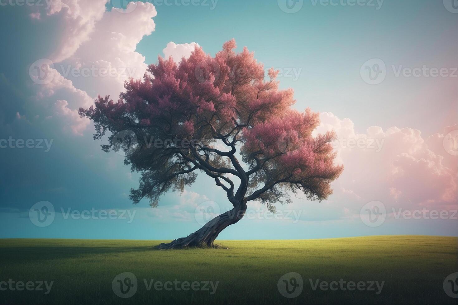 A tree in a field with pink flowers photo