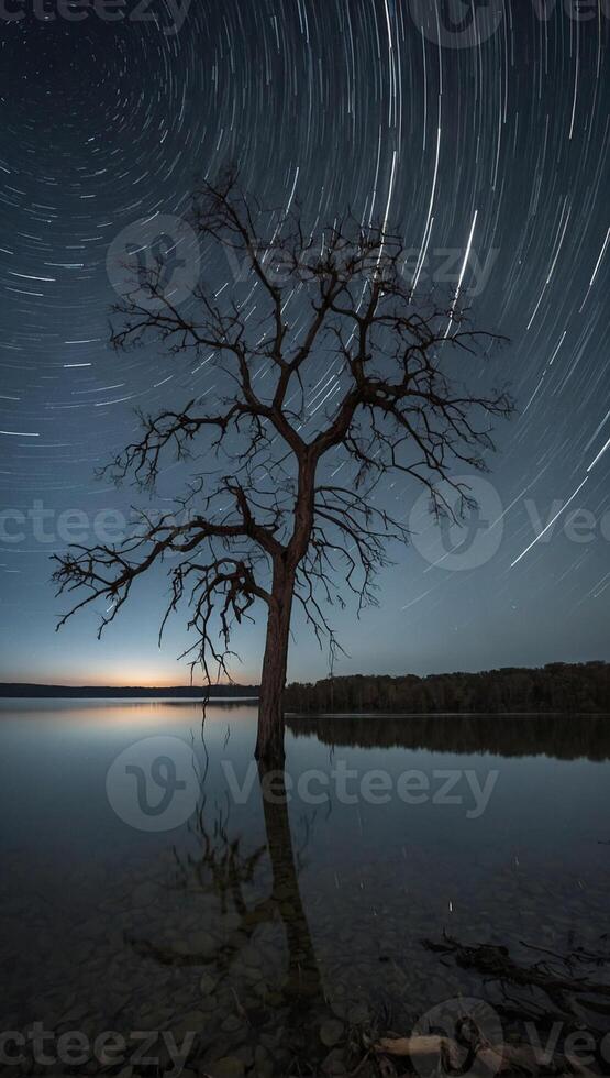 Star trails over a tree in the middle of a lake photo