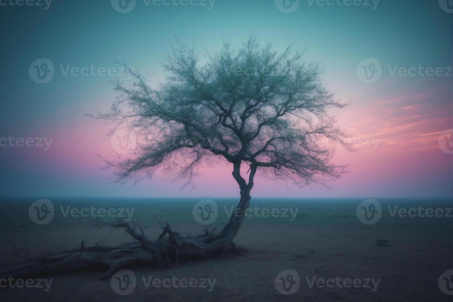 A lone tree in the desert at sunset photo