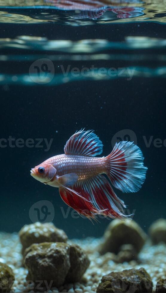 A red and white fish swimming in an aquarium photo