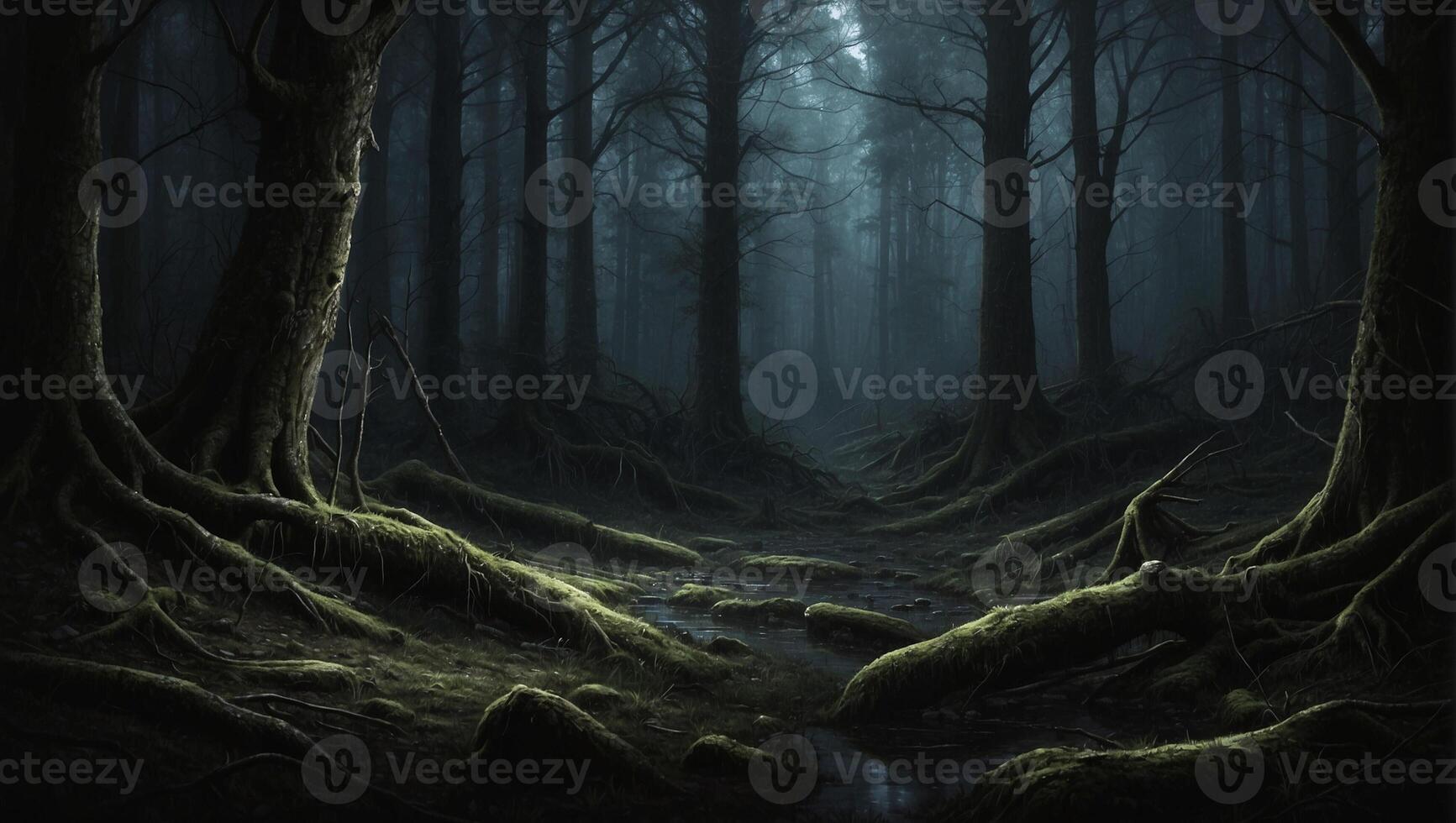 A dark forest with trees and moss photo