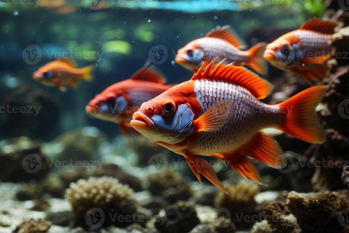 A group of red and white fish in an aquarium photo