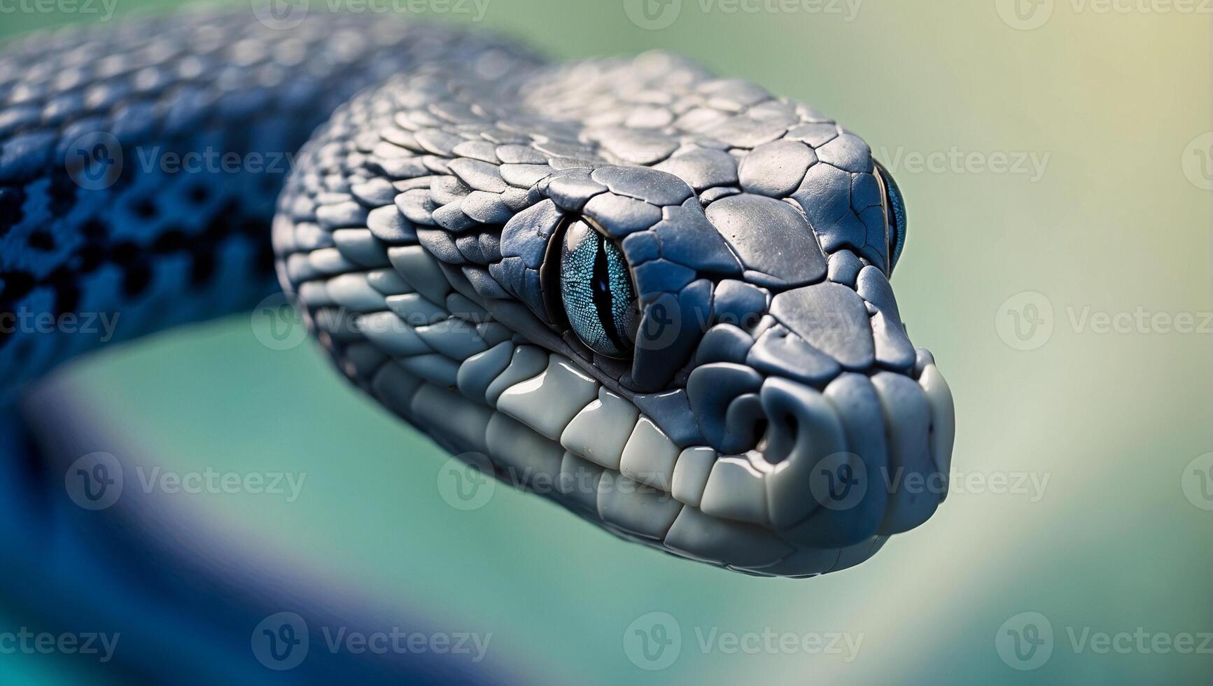 A close up of a snake's head with blue eyes photo