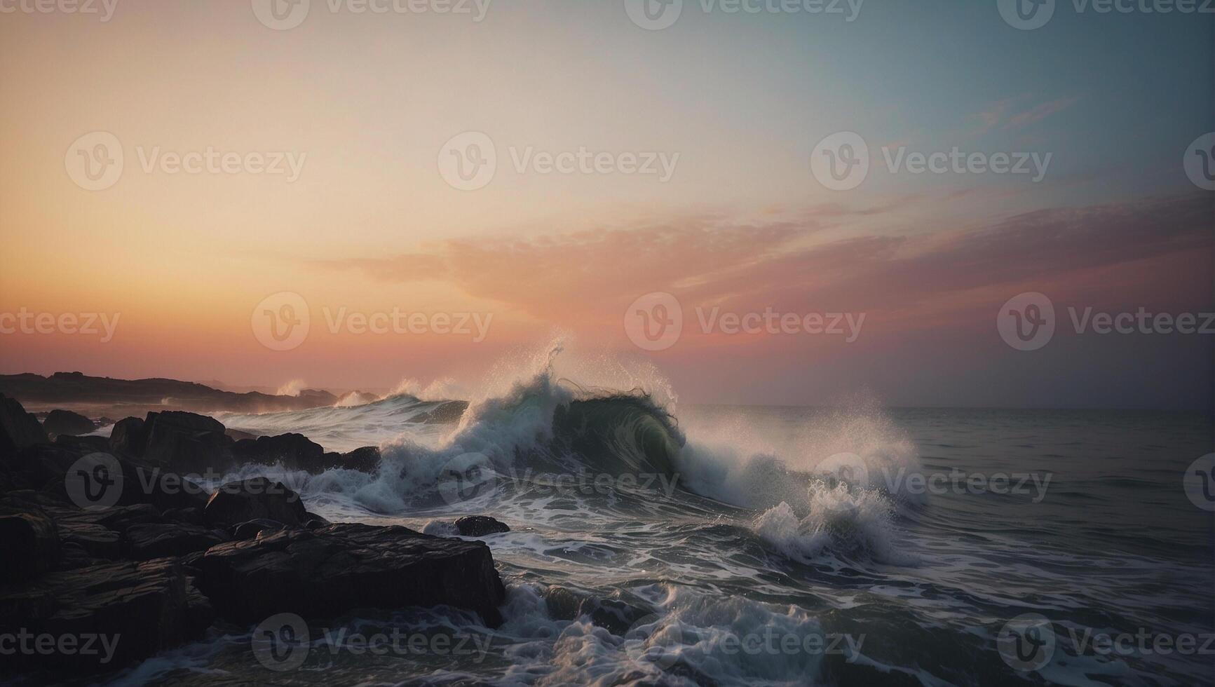 A sunset over the ocean with waves crashing into rocks photo