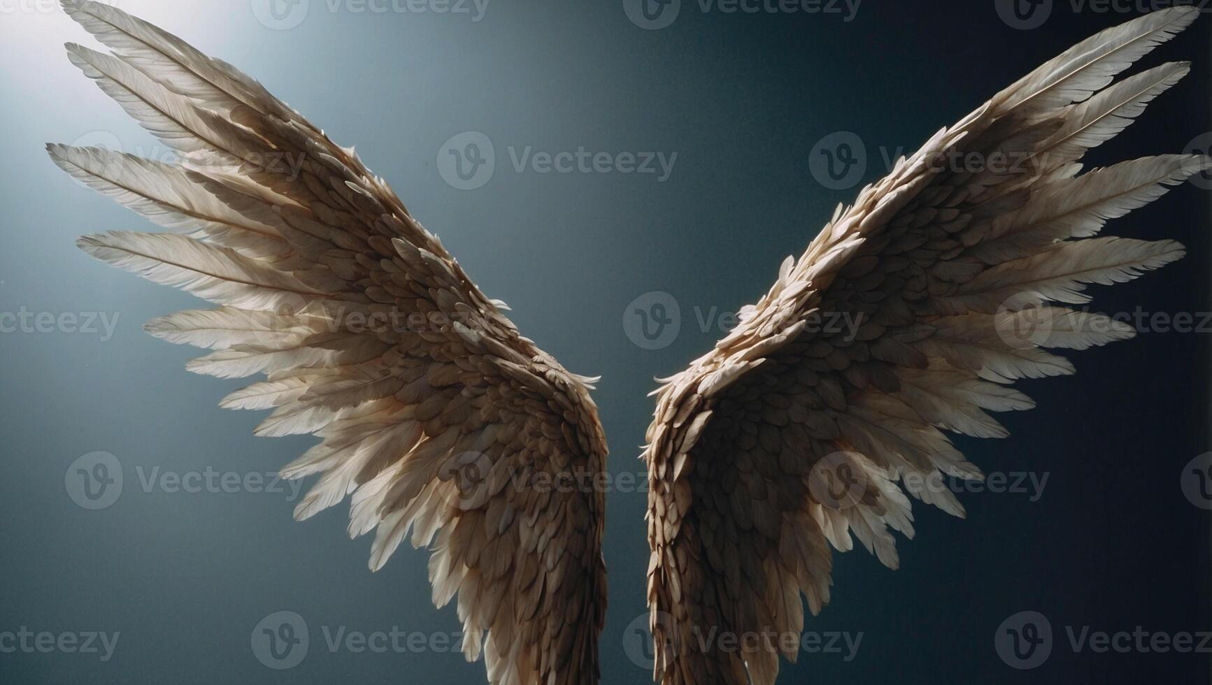 A pair of large white wings on a dark background photo